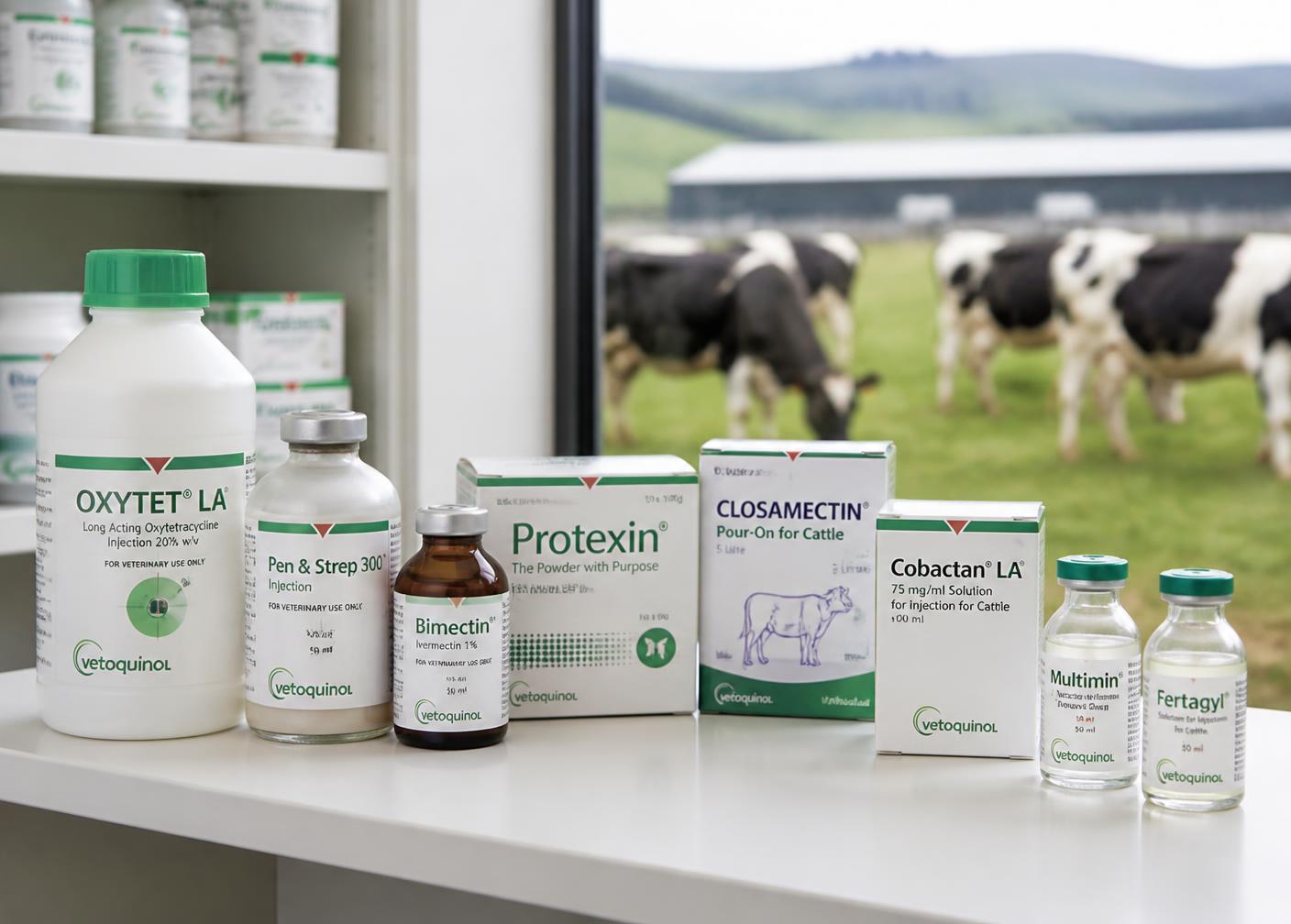 Veterinary medicine bottles and cartons arranged on a clinic shelf
